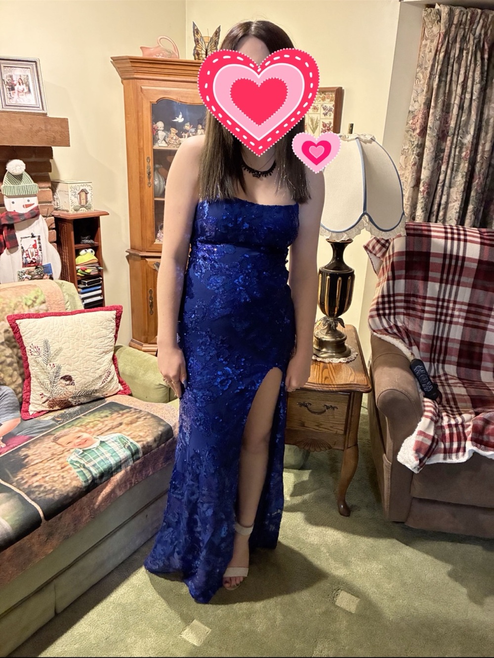 Strapless Royal Blue Lace Prom Gown with High Slit